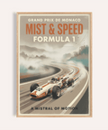 Front view Formula One Print poster showing vintage race car #22 on a winding track with misty hills and bold headline text