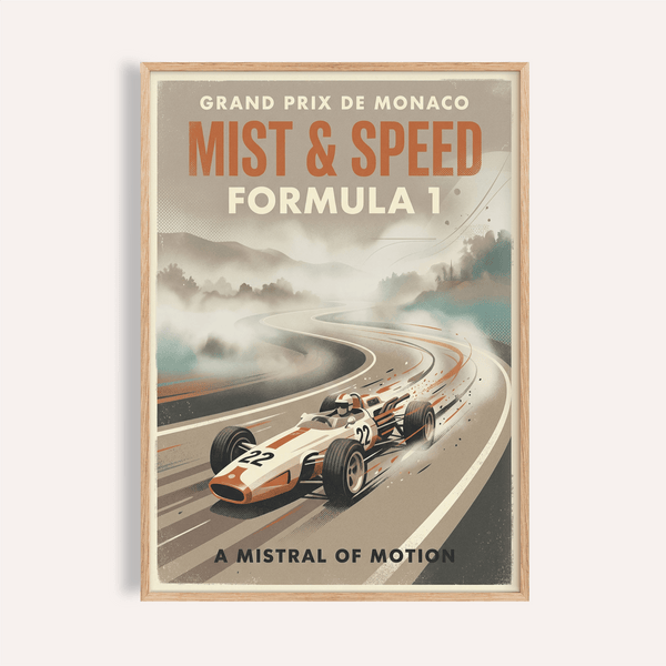 Front view Formula One Print poster showing vintage race car #22 on a winding track with misty hills and bold headline text