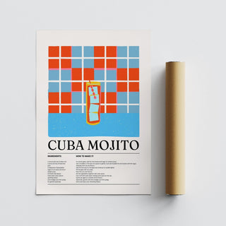 Tall glass mojito illustration featured in Cuban Mojito recipe print.