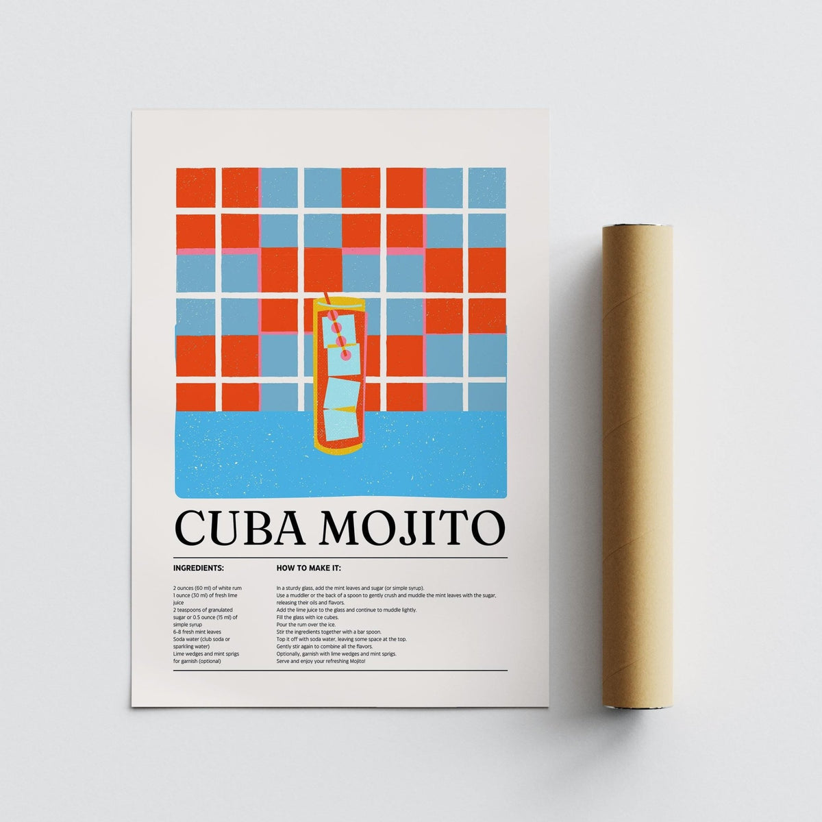 Tall glass mojito illustration featured in Cuban Mojito recipe print.