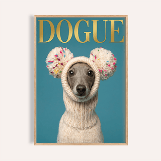 Fashion Dog Poster in blue, beige, and gold for living room wall art print