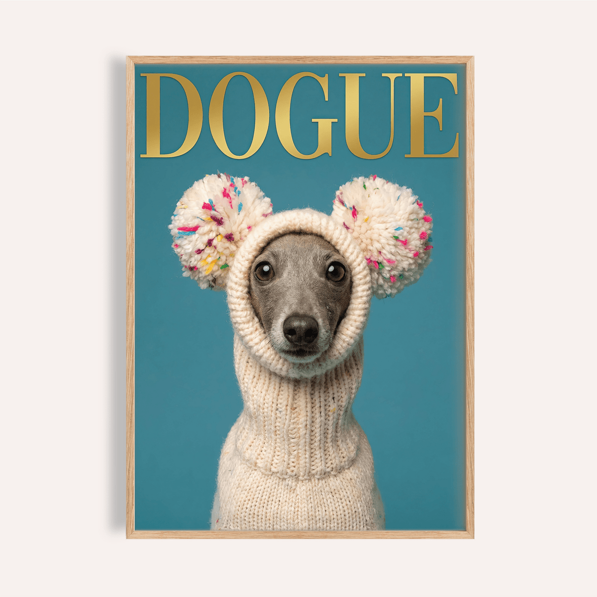 Fashion Dog Poster in blue, beige, and gold for living room wall art print