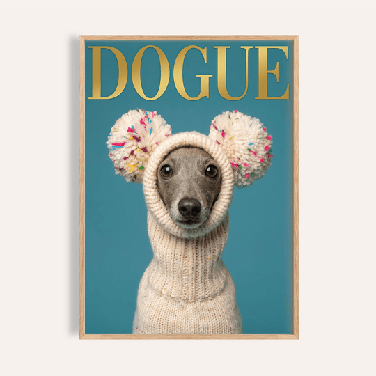 Fashion Dog Poster in blue, beige, and gold for living room wall art print