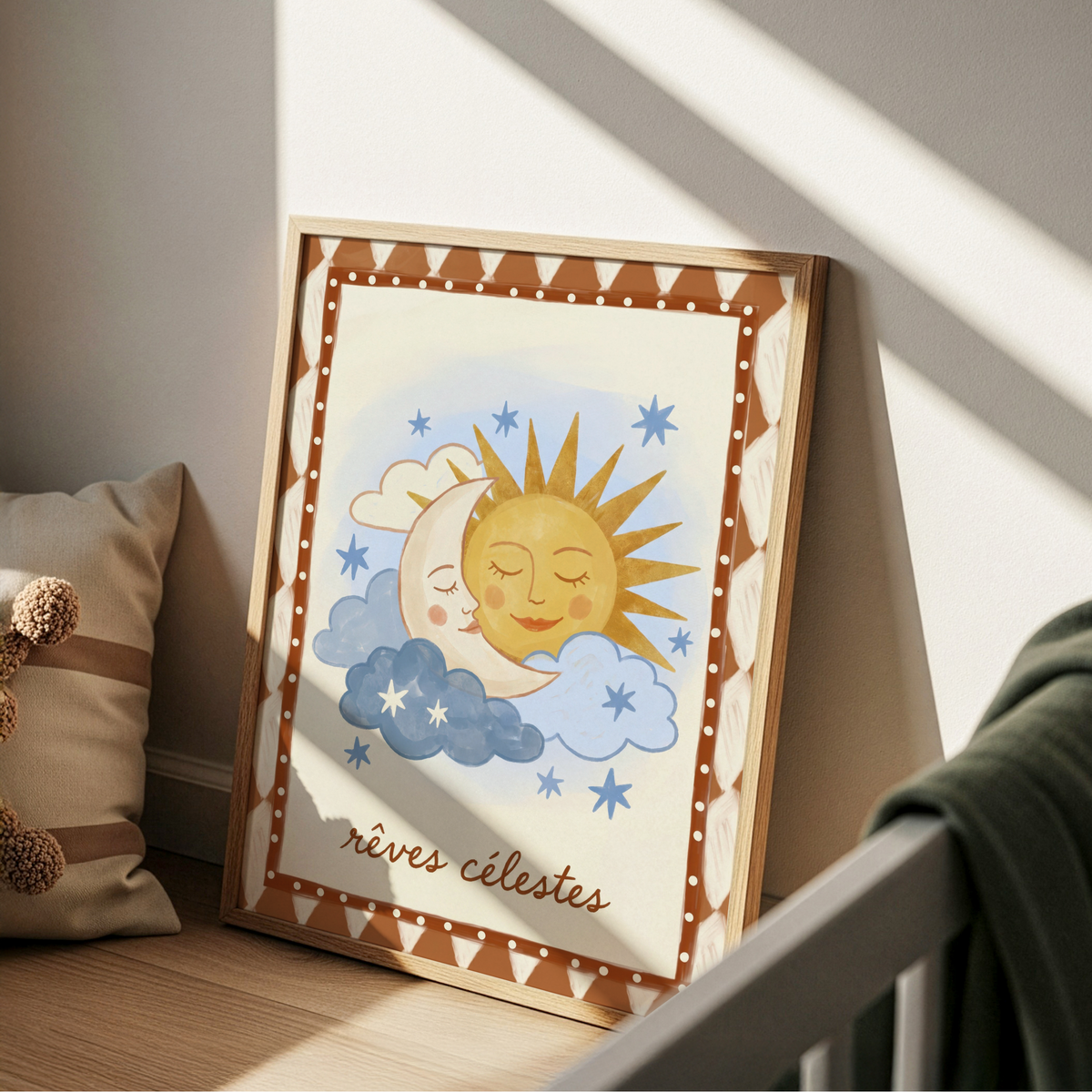 Dreamy Sky Wall Art poster framed above a nursery crib