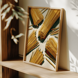 Spaghetti Wall Art poster featuring warm yellow for a cozy kitchen