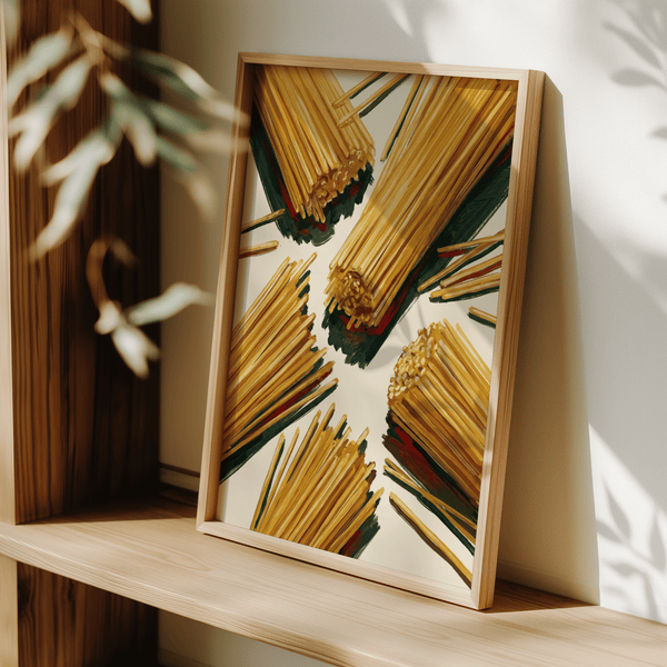 Spaghetti Wall Art poster featuring warm yellow for a cozy kitchen