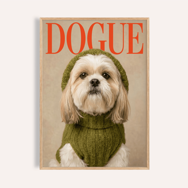 Shih Tzu Wall Print for living room featuring Green, Red, and Beige poster art