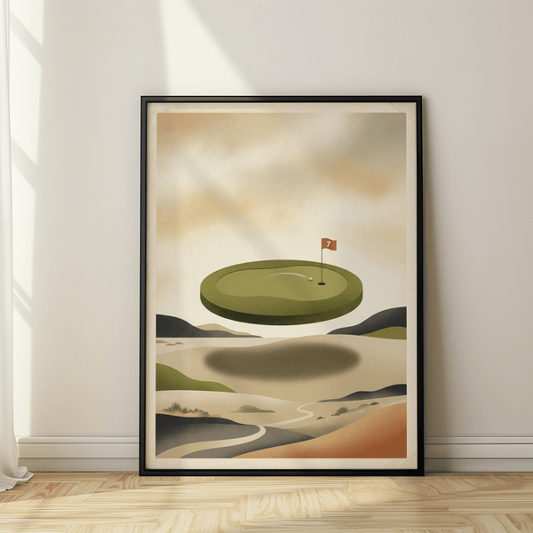 Centered floating green golf print with flag number 7 and ball near the hole