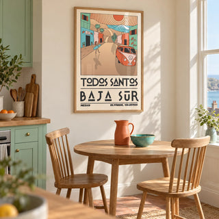 Baja Sur Art Print, framed on the wall of a bright kitchen breakfast corner in a UK seaside terrace with mint green cabinets and a warm cream wall