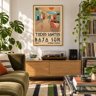 Baja Sur Art Print shown in a city apartment record corner (frame not included)