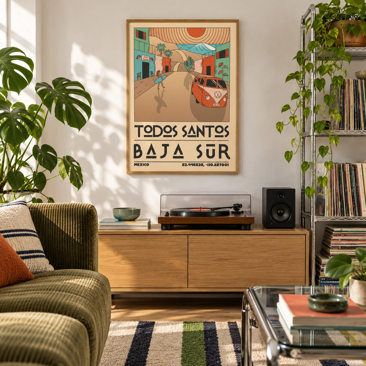 Baja Sur Art Print shown in a city apartment record corner (frame not included)