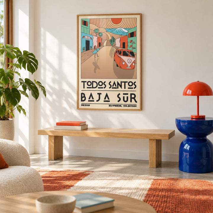 Baja Sur Art Print shown in a colourful minimalist living room with a bench (frame not included)