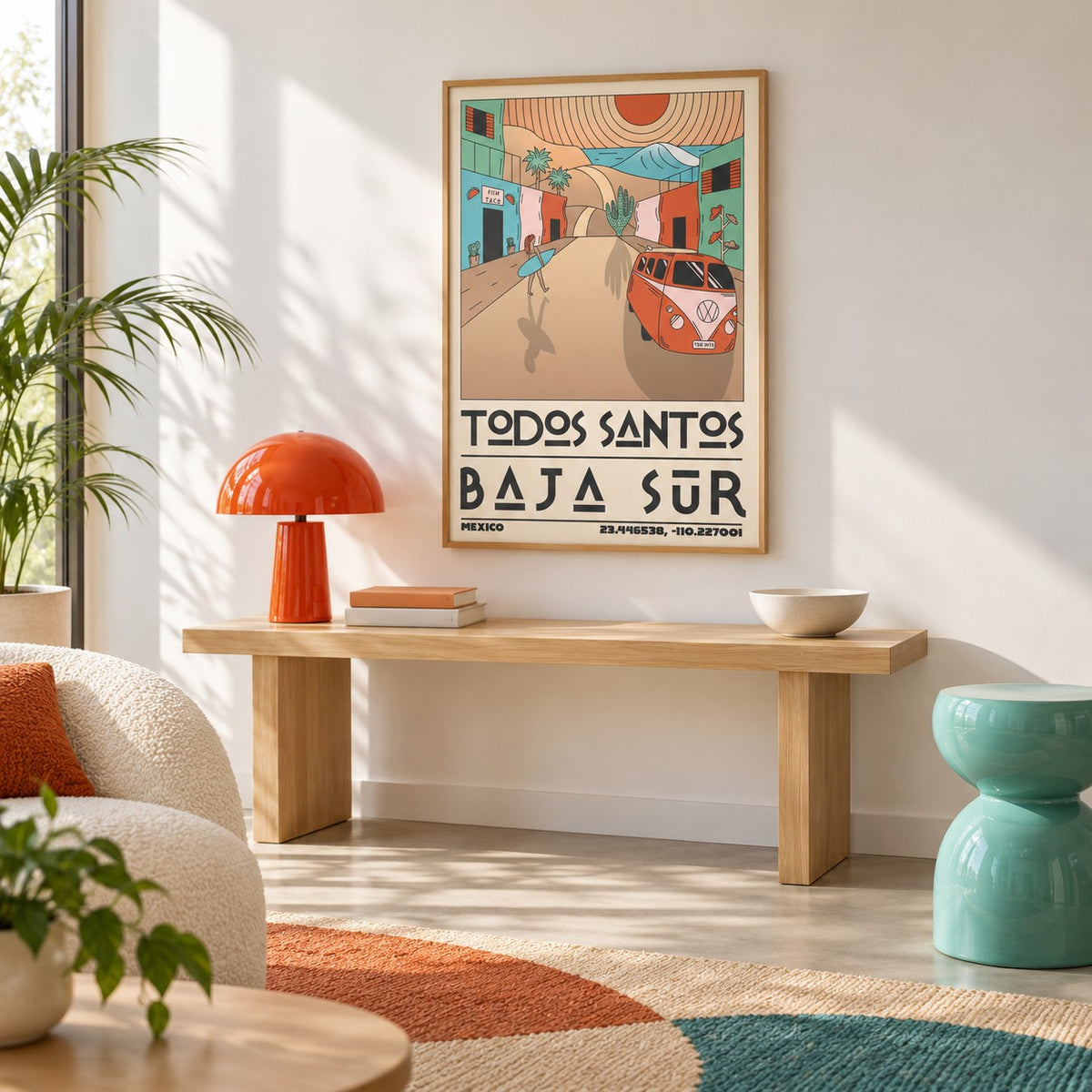 Baja Sur Art Print shown in a minimalist living room with an oak console (frame not included)