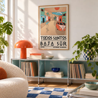 Baja Sur Art Print shown in a playful living room with a modular console (frame not included)