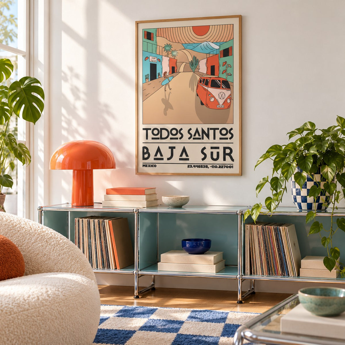 Baja Sur Art Print shown in a playful living room with a modular console (frame not included)