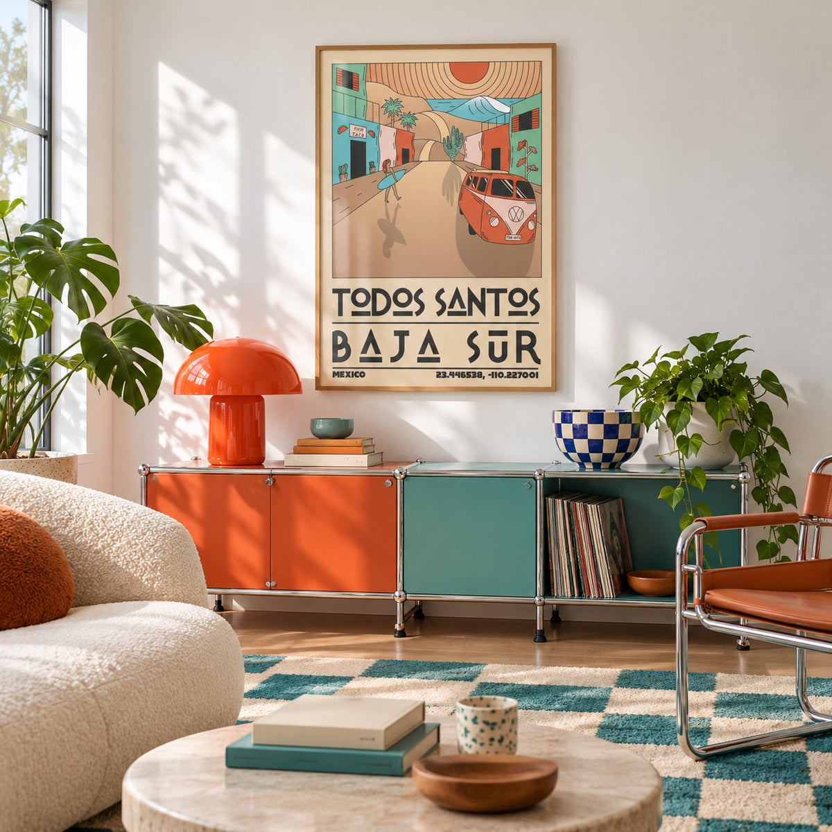Baja Sur Art Print shown in a retro lounge corner (frame not included)