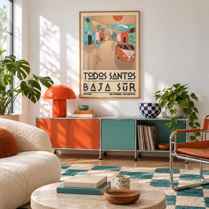 Baja Sur Art Print shown in a retro lounge corner (frame not included)