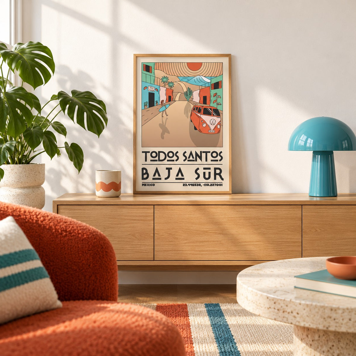 Baja Sur Art Print shown in the small A4 size on a styled console (frame not included)