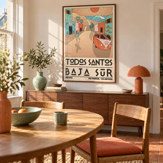 Baja Sur Art Print, framed on the wall of a sunny dining room in a British terrace with warm white walls and terracotta floor tiles