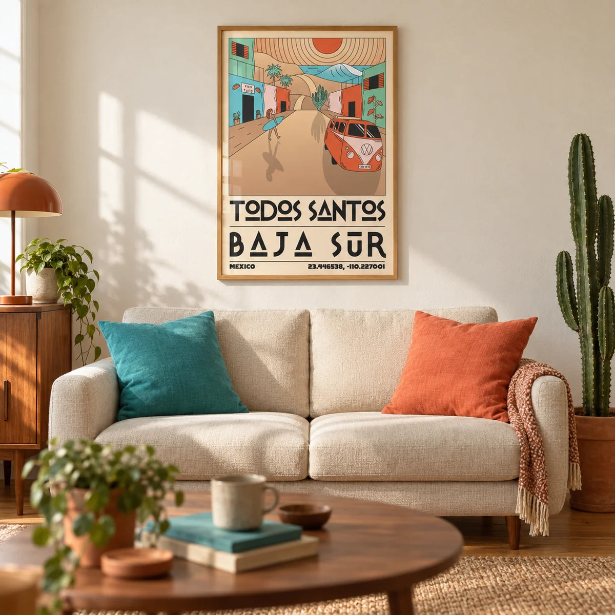 Baja Sur Art Print, framed on the wall of a warm mid-century living room in a UK first flat with ivory plaster walls and an oak floor