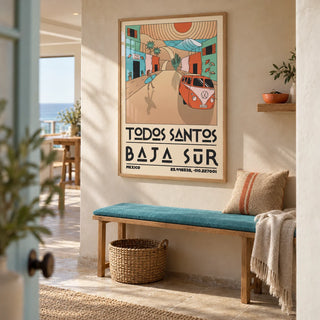 Baja Sur Art Print, framed on the wall of a welcoming hallway in a coastal UK home with pale sand plaster walls and plain stone flooring