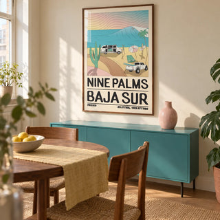Baja Sur Wall Art, framed on the wall of a compact modern dining room in a UK flat with warm ivory walls and a muted turquoise sideboard