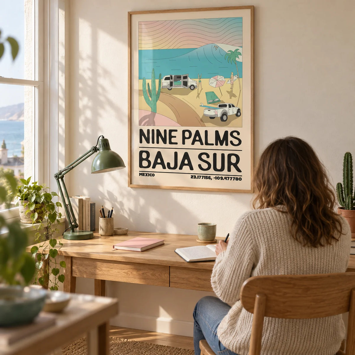 Baja Sur Wall Art, framed on the wall of a relaxed home study in a UK coastal terrace with cream walls and a pale oak floor
