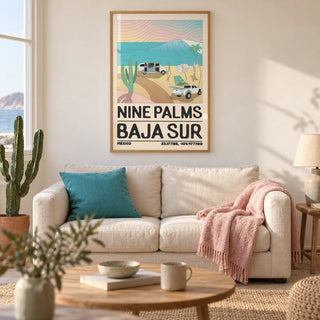 Baja Sur Wall Art, framed on the wall of a relaxed modern living room in a UK seaside flat with warm white plaster walls and pale timber floorboards
