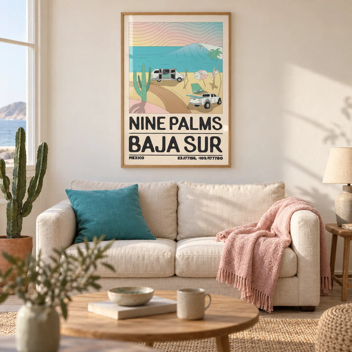 Baja Sur Wall Art, framed on the wall of a relaxed modern living room in a UK seaside flat with warm white plaster walls and pale timber floorboards