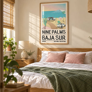 Baja Sur Wall Art, framed on the wall of a sunny bedroom for a surf-loving couple (25-35) in a UK terraced house with pale sandy walls