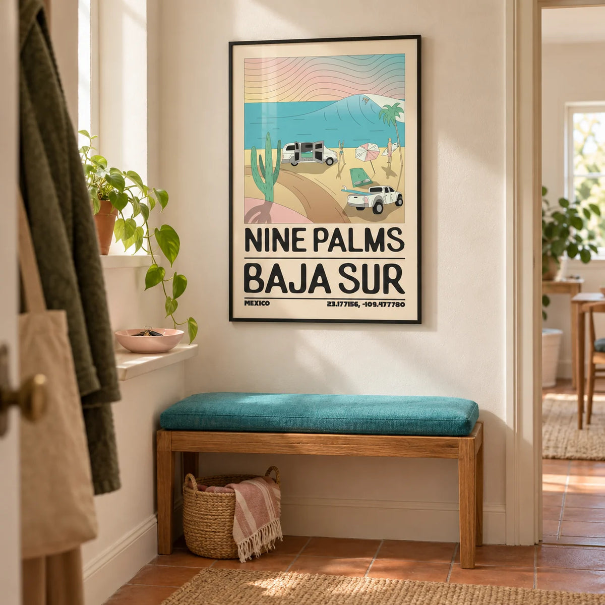 Baja Sur Wall Art, framed on the wall of a welcoming hallway in a young adult's UK first flat (22-28)