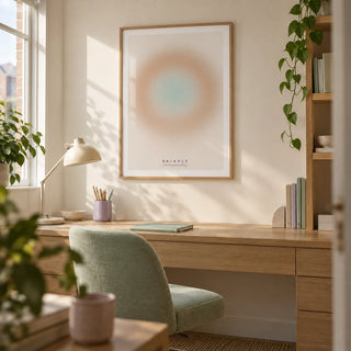 Balance Print, framed on the wall of a quiet home study in a compact UK flat with an ivory wall and a built-in oak desk