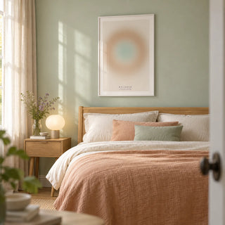 Balance Print, framed on the wall of a restful bedroom in a modern terraced home with a pale mint-green wall