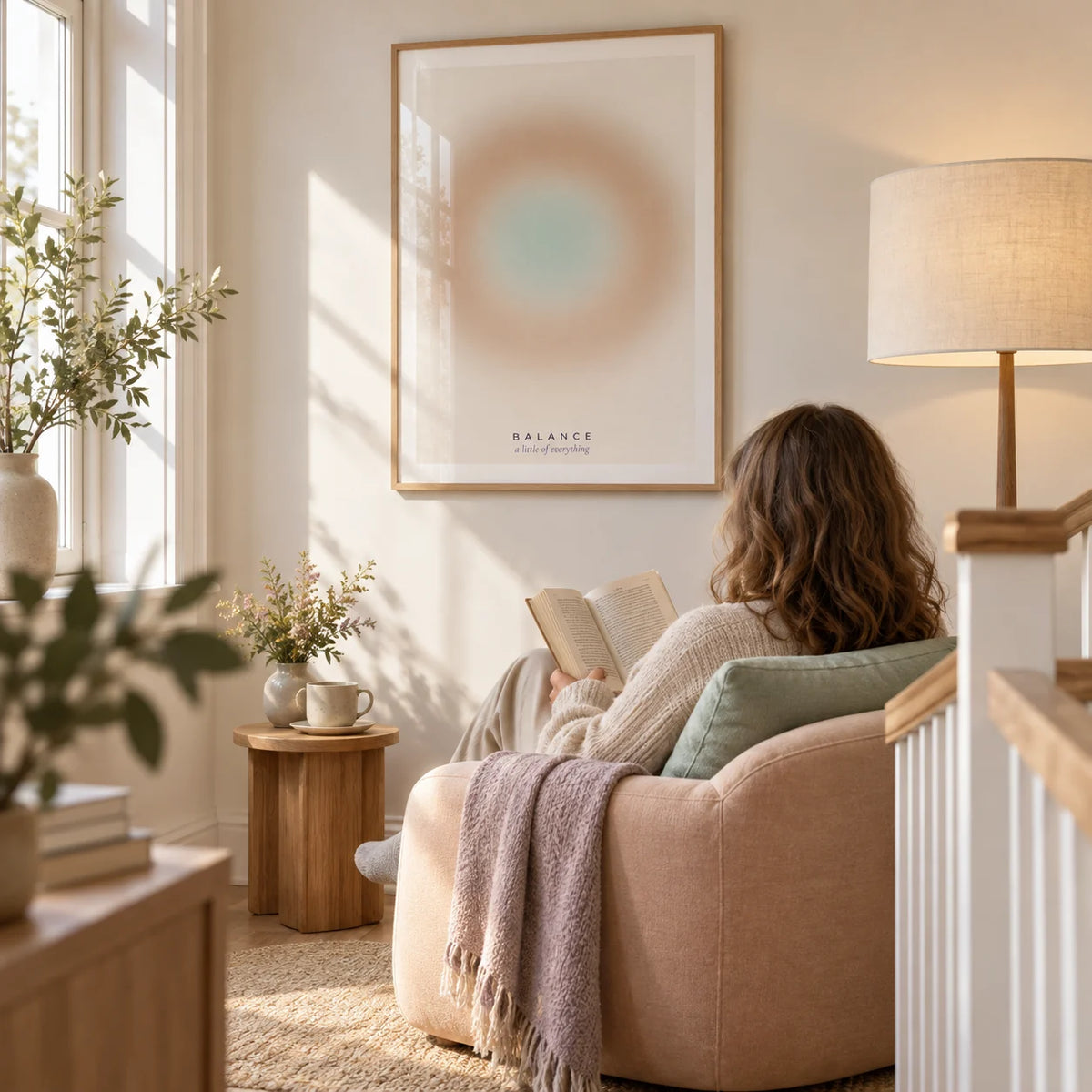 Balance Print, framed on the wall of a soft Scandi reading corner on a bright landing with warm ivory walls in a living room