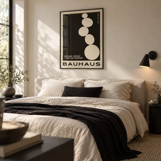 Balancing Stones Wall Art, framed on the wall of a calm modern bedroom