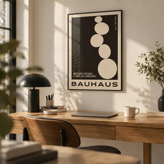 Balancing Stones Wall Art, framed on the wall of a calm modern home office