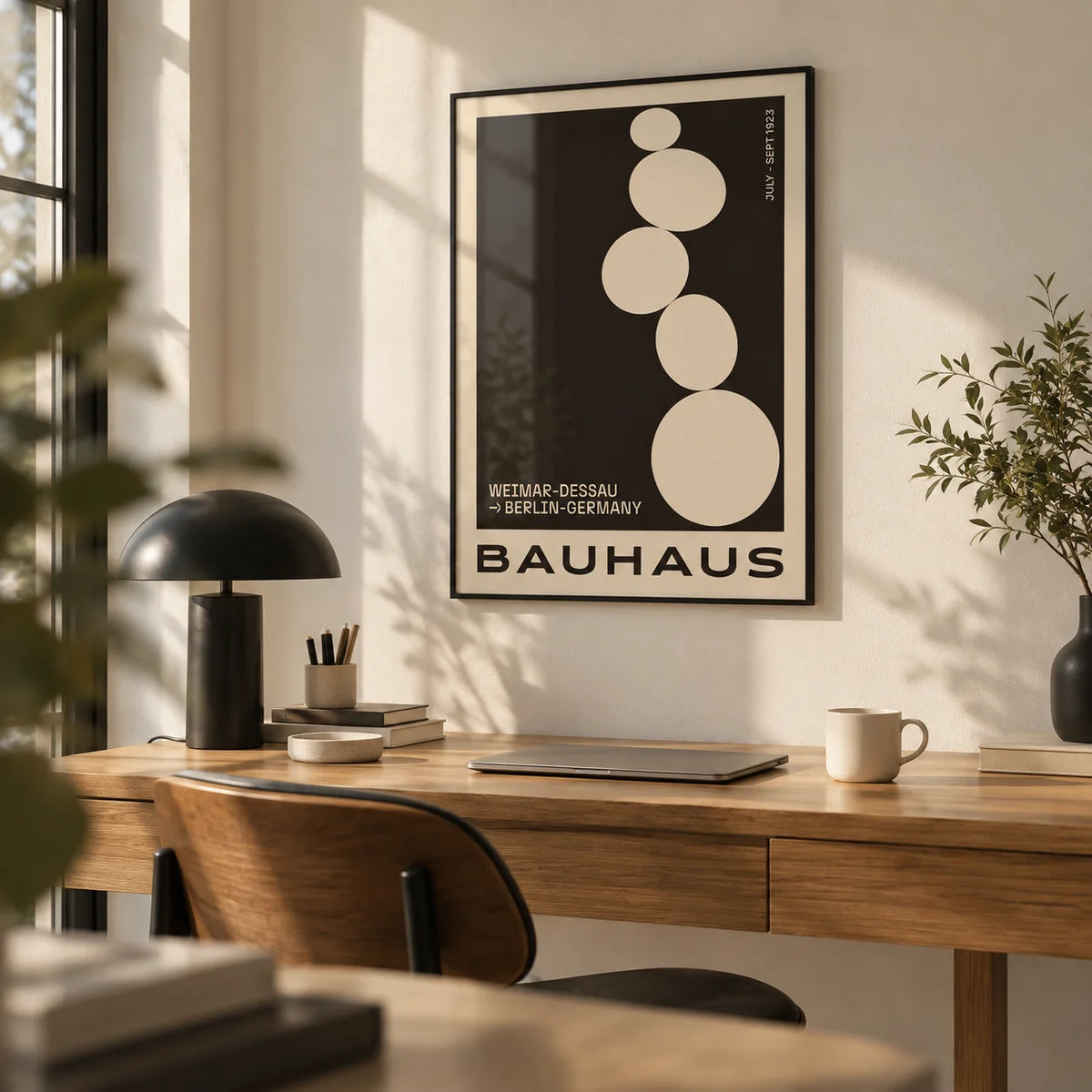 Balancing Stones Wall Art, framed on the wall of a calm modern home office