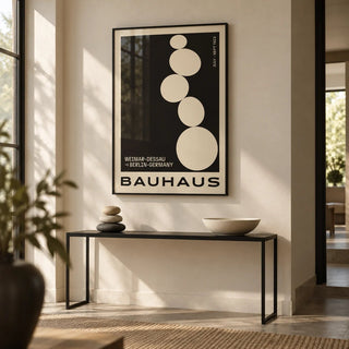 Balancing Stones Wall Art, framed on the wall of a minimal hallway