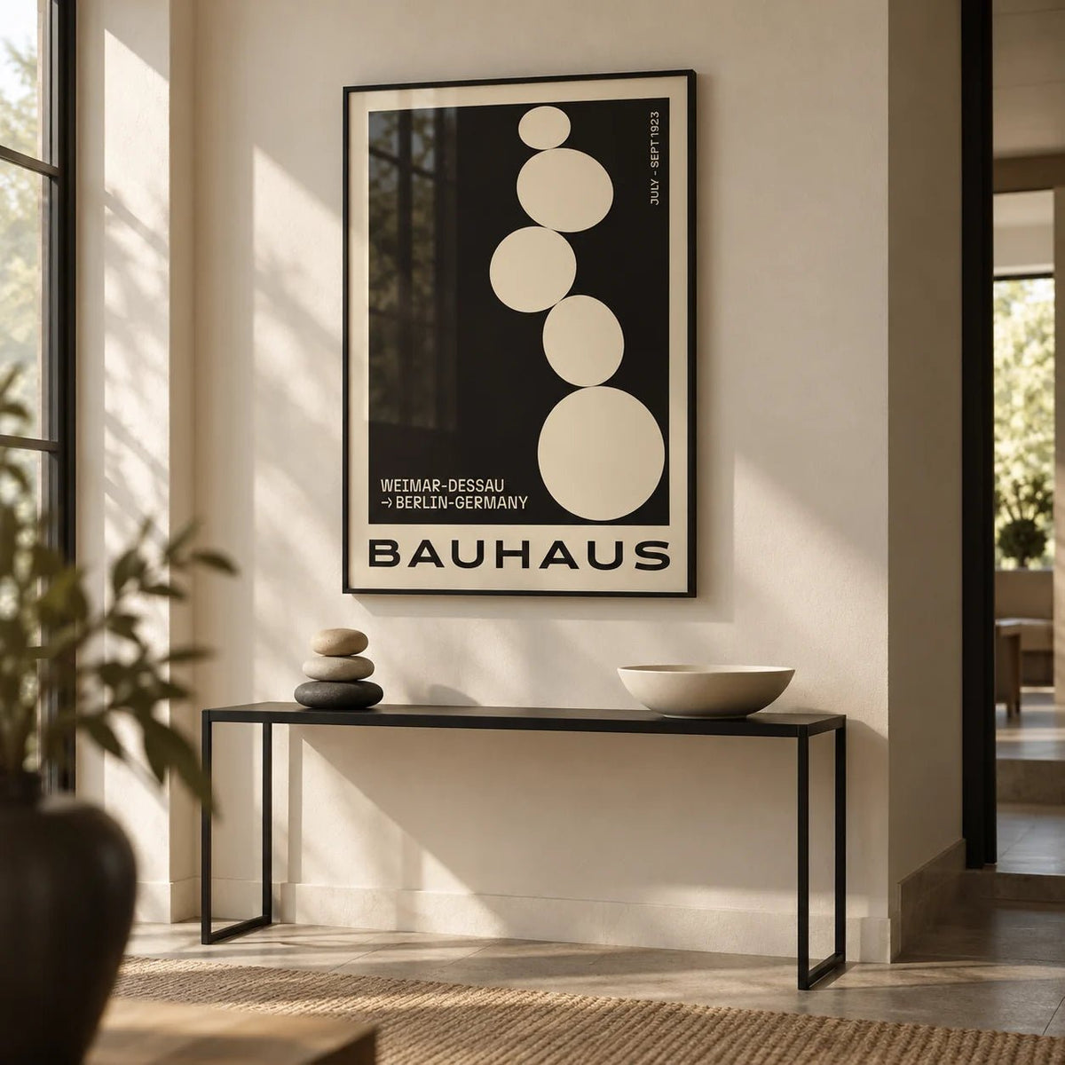Balancing Stones Wall Art, framed on the wall of a minimal hallway