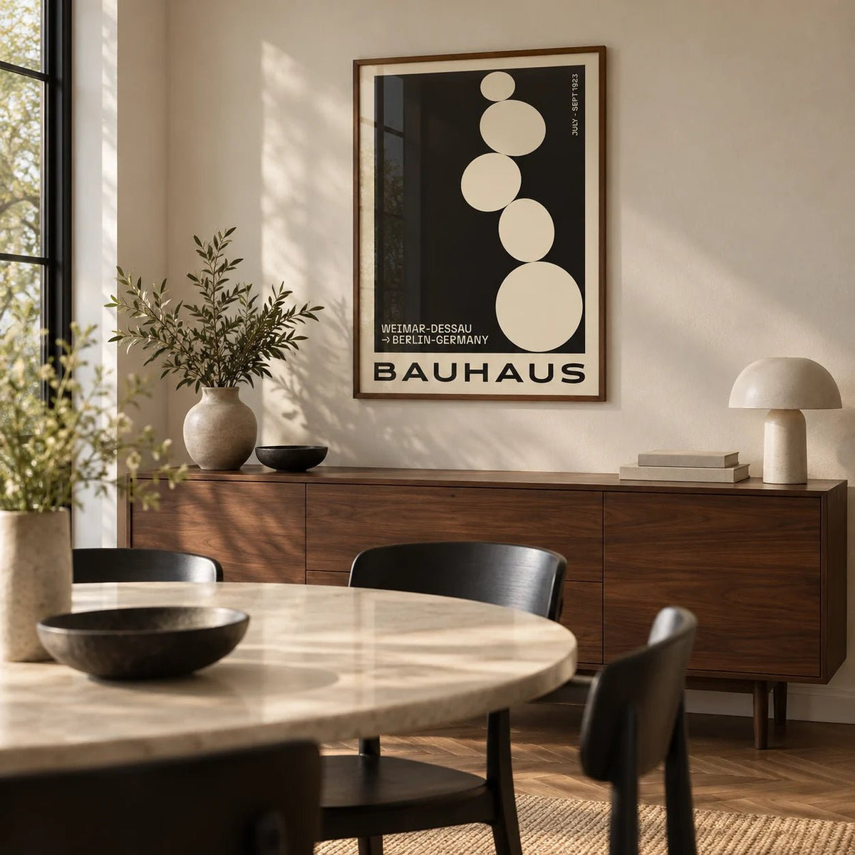 Balancing Stones Wall Art, framed on the wall of a modern dining room