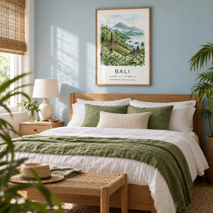 Bali Landscape Art Print, framed on the wall of a peaceful bedroom for a couple (28-45) in a UK semi-detached home with a pale blue wall and natural woven blinds