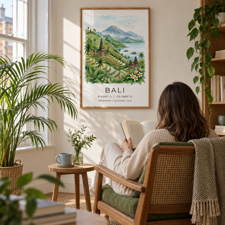 Bali Landscape Art Print, framed on the wall of a quiet reading corner in a UK flat with a warm white wall and a small palm by a sash window in a living room