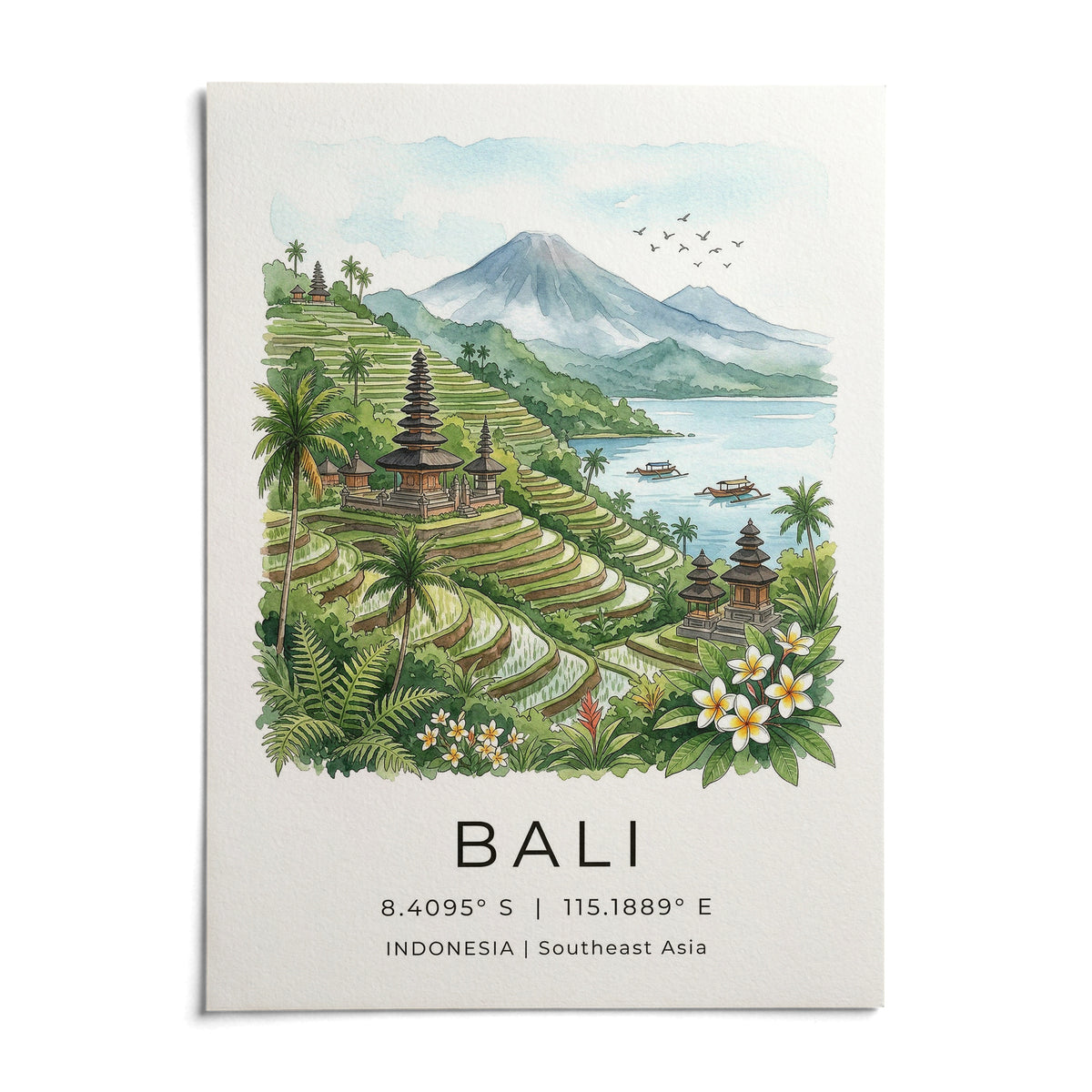 Bali Landscape Art Print, shown as an unframed paper print on a plain white background