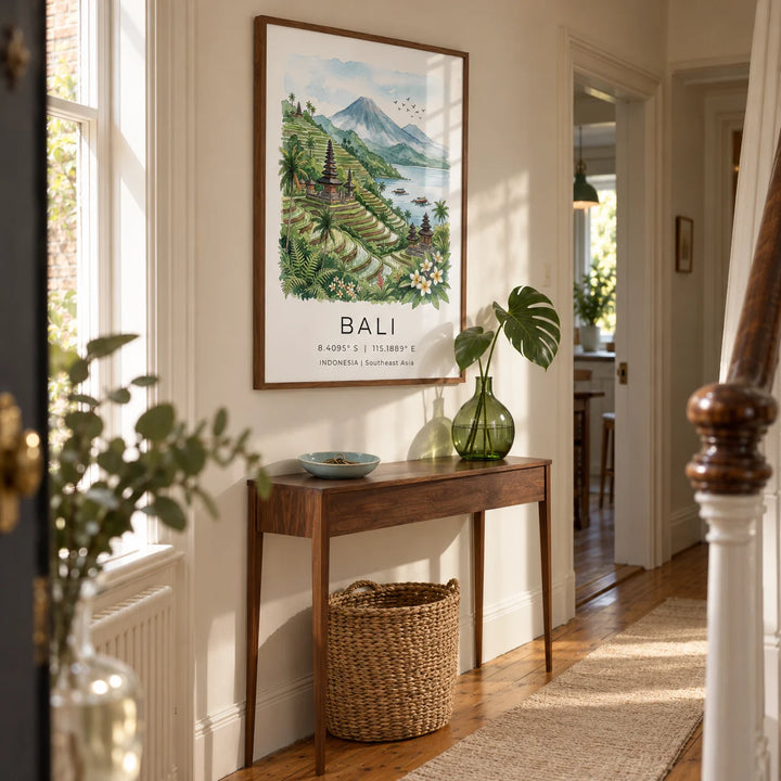 Bali Landscape Art Print, framed on the wall of a welcoming narrow hallway in a UK Victorian terrace with warm white walls and honey-coloured floorboards