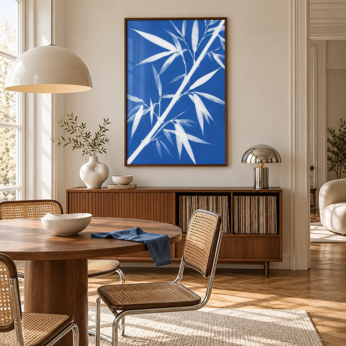 Bamboo Cyanotype Print styled in a dining room (frame not included)