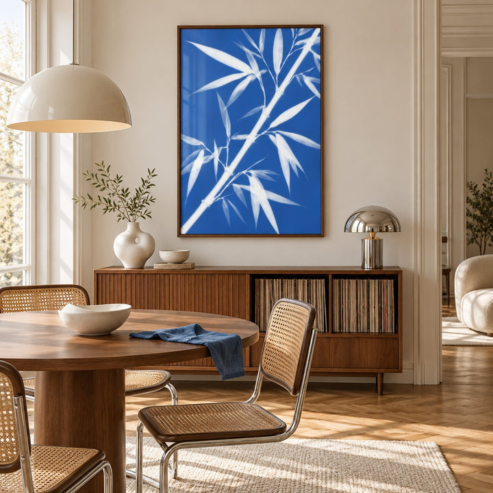 Bamboo Cyanotype Print styled in a dining room (frame not included)