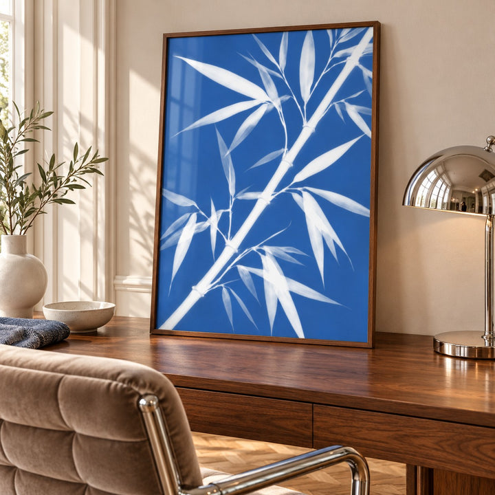 Bamboo Cyanotype Print styled in a home office (frame not included)