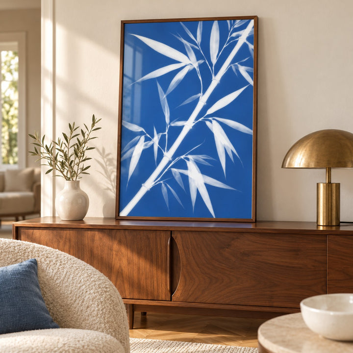 Bamboo Cyanotype Print shown close up on a sideboard (frame not included)