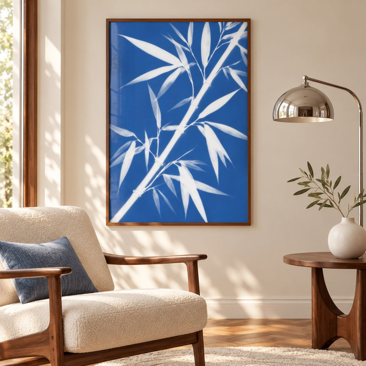 Bamboo Cyanotype Print styled in a reading corner (frame not included)