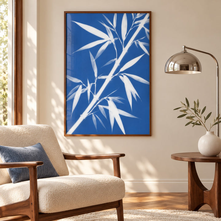 Bamboo Cyanotype Print styled in a reading corner (frame not included)